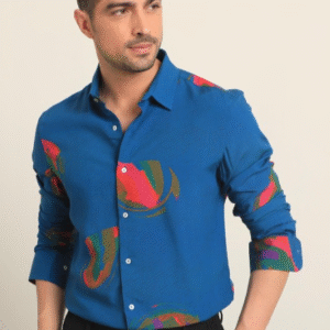 Rare Rabbit Party Abstract Blue Shirt for Men