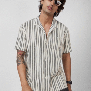 VASTRADO Black Striped Oversized Crochet Shirt For Men