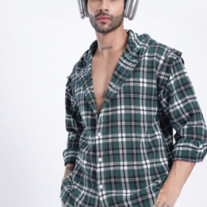 Glitchez Hooded Checked Oversized Shirt For Men