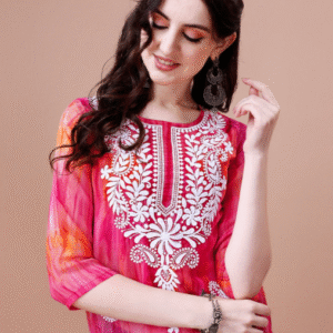 Youthnic Round Neck Georgette Pink Kurti for Women