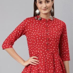 Here & Now Daily Mandarin Collar Bandhani Orange Kurti for Women