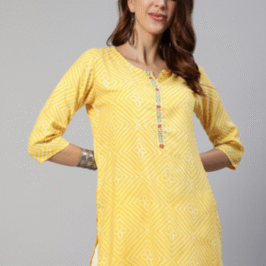 Ishin Daily Round Neck Bandhani Yellow Kurti for Women