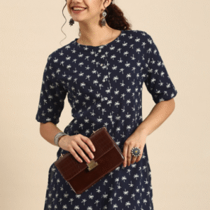 Anouk Daily Round Neck Printed Blue Kurti for Women