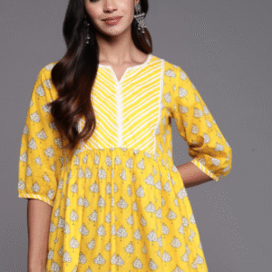 Libas Daily Round Neck Floral Yellow Kurti for Women