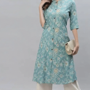 Deepcreek Casual Mandarin Collar Floral Green Kurti for Women