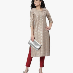 Stylum Festive Round Neck Floral Beige Kurti for Women