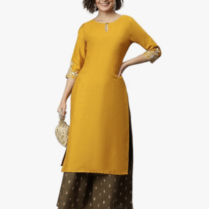 Janasaya Casual Keyhole Neck Emboidered Yellow Kurti for Women