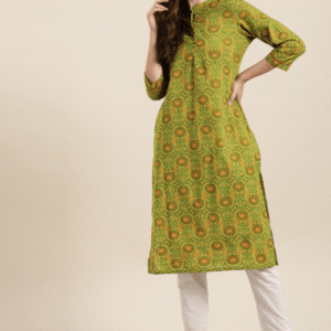 Sangria Casual Mandarin Collar Ethnic Motifs Green Kurti for Women