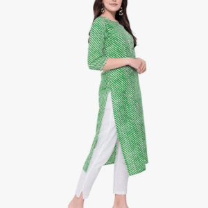 Rytras Casual Round Neck Leheriya Green Kurti for Women