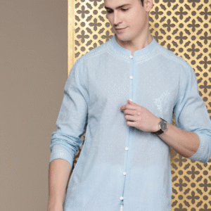 House Of Pataudi Festive Mandarin Collar Ethnic Motifs Blue Kurta for Men