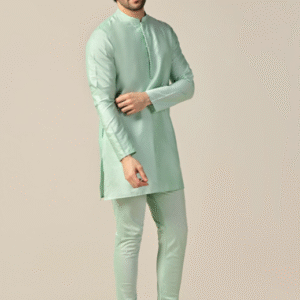 Kisah Festive Mandarin Collar Solid Green Kurta for Men