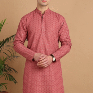 Fubar Festive Mandarin Collar Emboidered Pink Kurta for Men