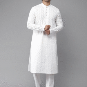 See Designs Festive Mandarin Collar Chikankari Emboidered White Kurta for Men