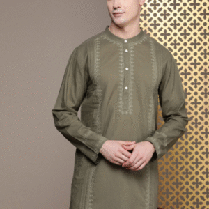 House Of Pataudi Festive Mandarin Collar Ethnic Motifs Green Kurta for Men