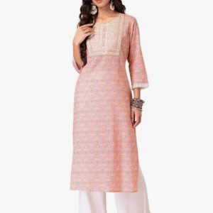 Indya Festive Round Neck Geometric Peach Kurti for Women