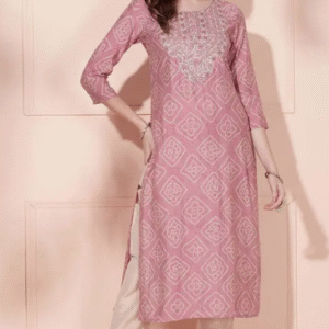 Physil Festive Round Neck Printed Pink Kurti for Women