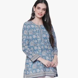 Biba Daily Round Neck Floral Blue Kurti for Women