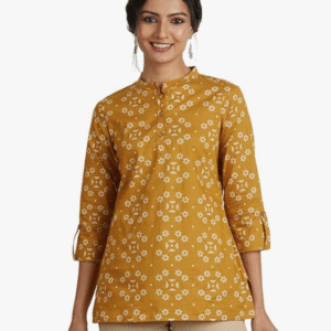 Myx Daily Mandarin Collar Floral Yellow Kurti for Women