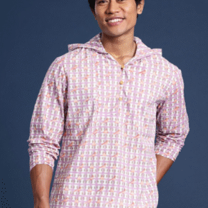 Taavi Hand Block Print Pure Cotton Ethnic Motifs Dyed Hooded Kurta For Men