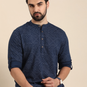 Anouk Geometric Printed Cotton Indigo Short Kurta For Men