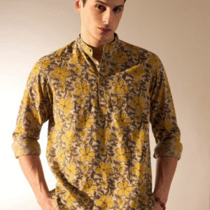 Dennison Floral Hand Block Printed Cotton Short Kurta For Men