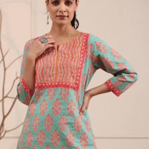 Rain & Rainbow Daily Round Neck Green+Orange Kurti for Women