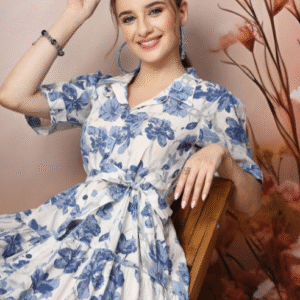 Stylum Casual Shirt Collar Floral White & Blue Dress for Women