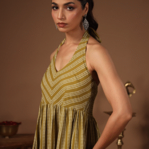 Anayna Casual Halter Neck Ethnic Geometric Motifs Green Dress for Women