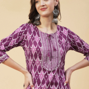 Physil Fusion U-Neck Geometric Pink + Wine Kurti for Women