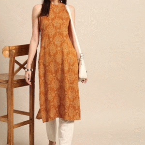 Physil Casual Halter Neck Printed Yellow Kurti for Women