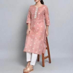 VredeVogel Fusion Round Neck Embroidered Peach Kurti for Women
