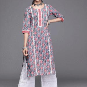 Libas Casual Round Neck Floral Blue Kurti for Women