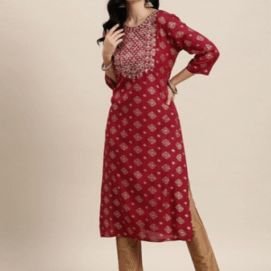 Deepyog Festive Round Neck Printed Maroon Kurti for Women