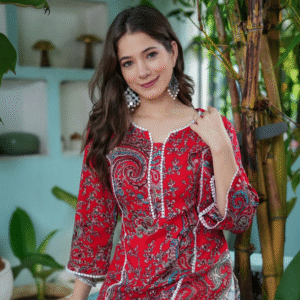 KJFAB Casual U-Neck Paisley Red Kurti for Women