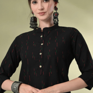 Glowworld Casual Mandarin Collar Printed Black Kurti for Women