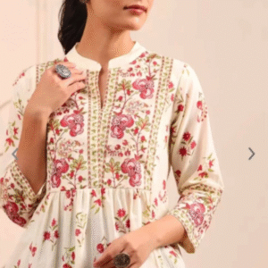 Clothi Fab Casual Mandarin Collar Floral White+Pink Kurti for Women