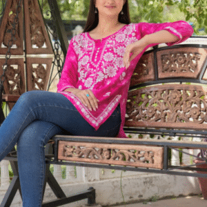 Anushansha Casual Round Neck Embroidered Pink Kurti for Women
