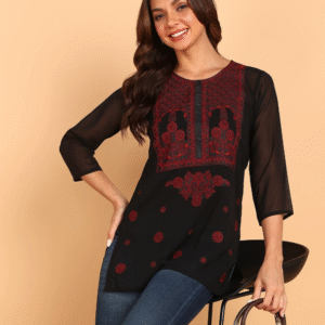Top N Thread Casual Round Neck Embroidered Black+Maroon Kurti for Women