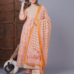 Meera Fab Cotton Printed Anarkali Kurta With Palazzo & Dupatta Set For Women