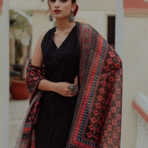 Glorious Festive V-Neck Solid Black Kurti Set for Women