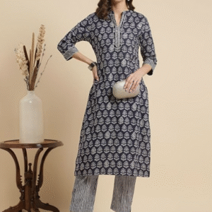 Rangita Casual Mandarin Collar Floral Blue Kurti Set for Women