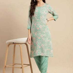 Rangita Casual Round Neck Floral Green Kurti Set for Women