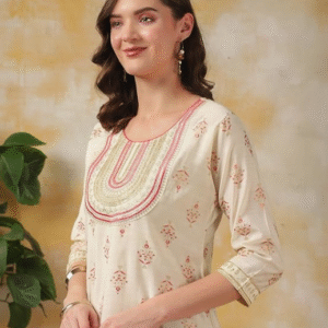 Rangita Festive Round Neck Ethnic Motifs Off White Kurti Set for Women