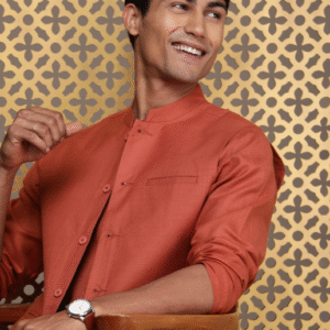 House of Pataudi Festive Mandarin Collar Solid Orange Kurta Set for Men