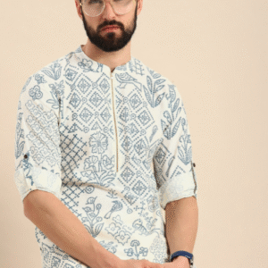 Anouk Festive Mandarin Collar Printed Off White Kurta Set for Men