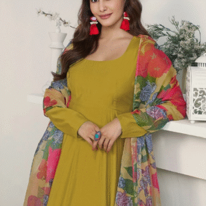 Rashora Festive U Neck Solid Yellow Kurti Set for Women