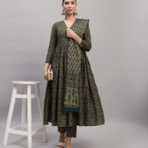 Vijay Garments Festive V Neck Floral Green Kurti Set for Women