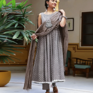 Shivaradhya Designers Festive Round Neck Printed Grey Kurti Set for Women