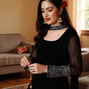 Youthnic Festive U-Neck Embroidered Black Kurti Set for Women