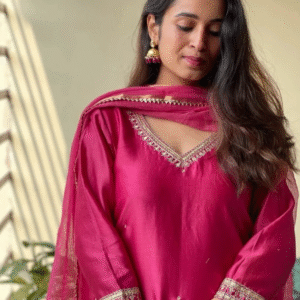 GoSriki Festive V-Neck Embroidered Pink Kurti Set for Women